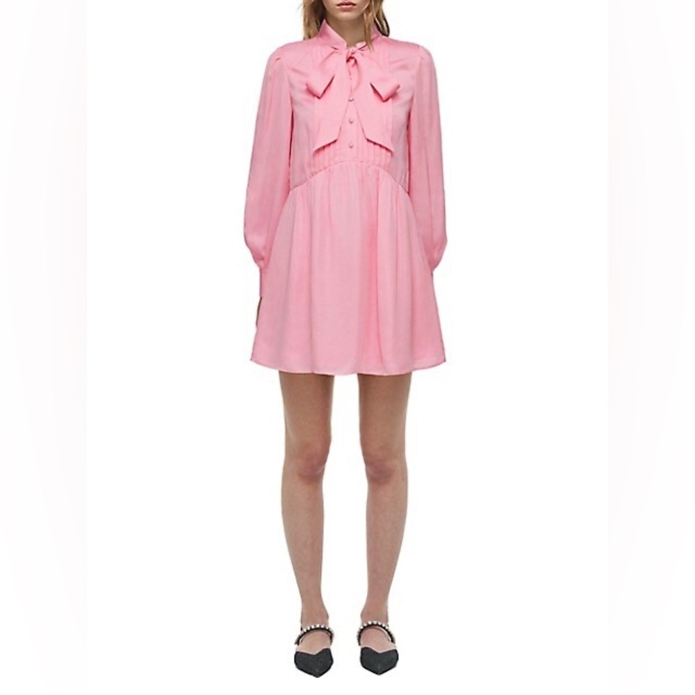 Self-Portrait Satin Viscose Puff-Sleeve Bow-Neck Mini Dress Bubblegum Pink Sz 8 - Picture 4 of 16